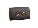 Brown leather wallet with gold buckle on a white background